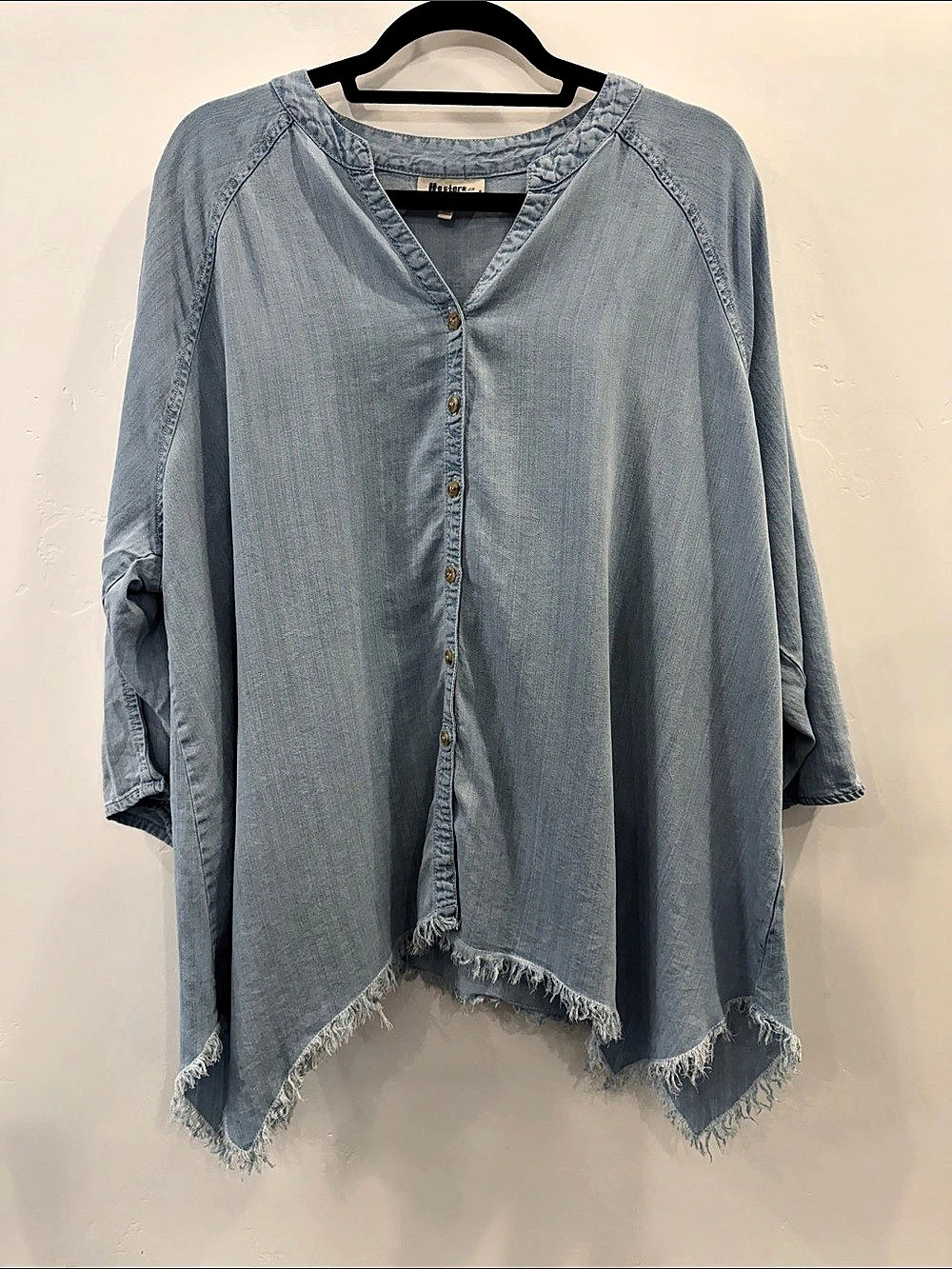 Western & Original Tencel Frayed Hem Tunic Blue Size 1X